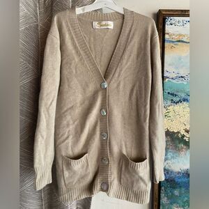 Seaton Cashmere Seahorse Cardigan Sweater Light Brown SZ M Buttons V Neck Pocket